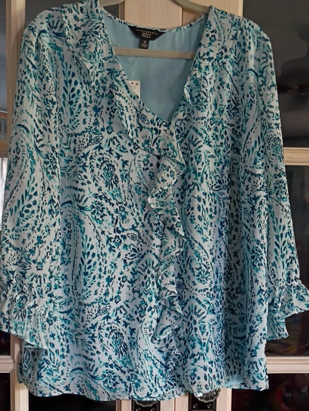 Investments Aqua and Teal Ruffle Front Blouse